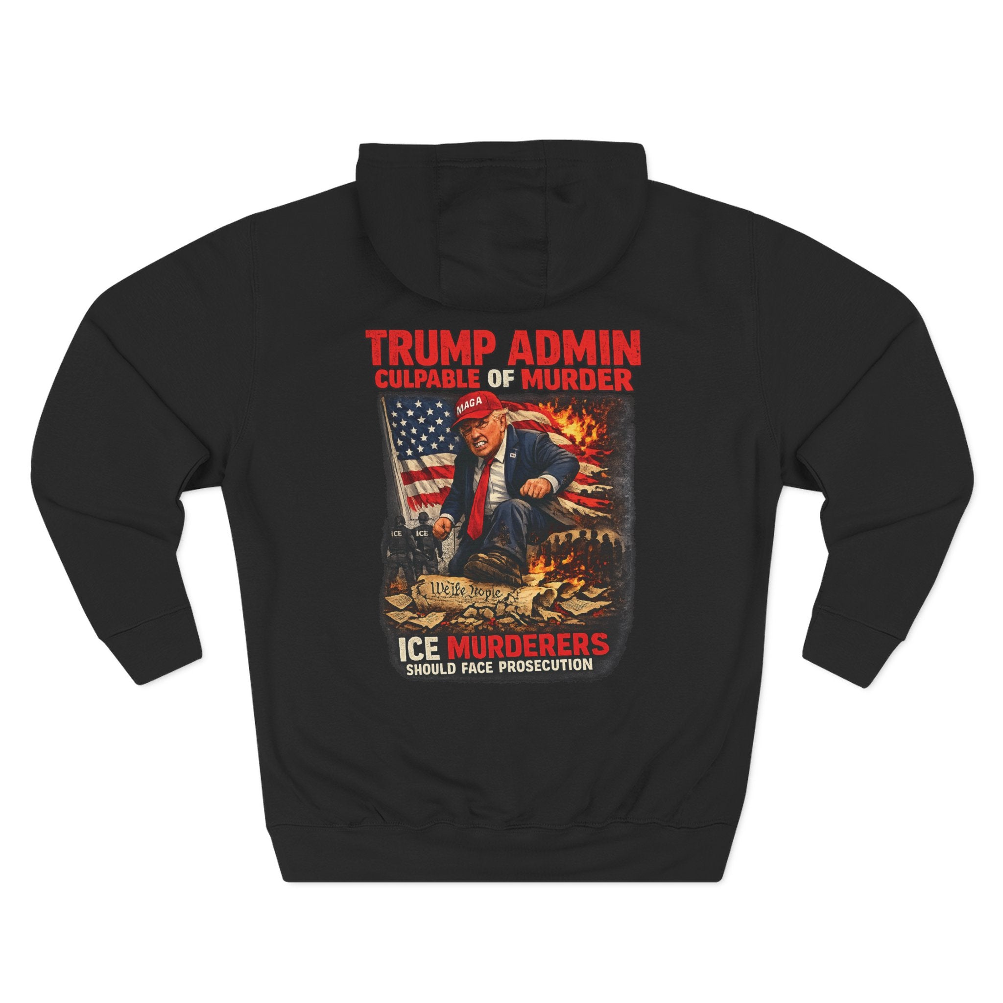 Justice & Accountability Emblem Hoodie – Scales of Justice Front with “Trump Admin Culpable of Murder” Protest Back Print