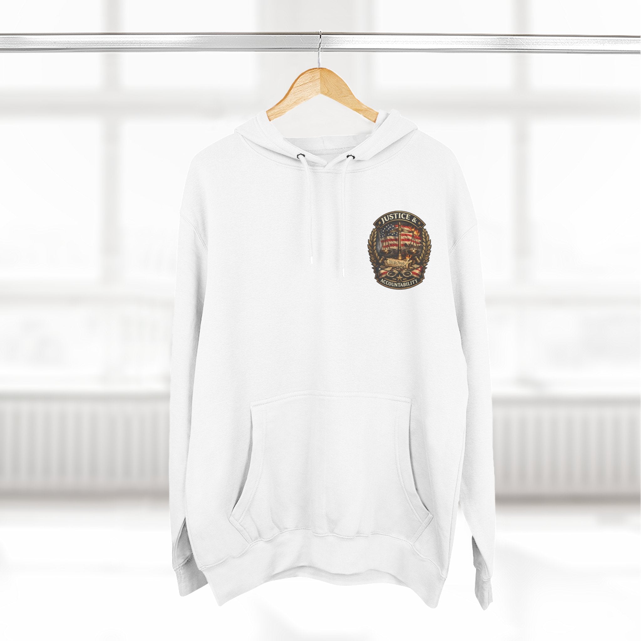 Justice & Accountability Emblem Hoodie – Scales of Justice Front with “Trump Admin Culpable of Murder” Protest Back Print