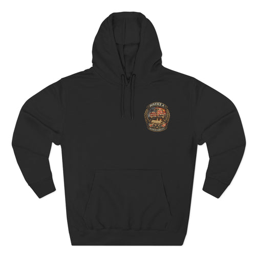 Justice & Accountability Emblem Hoodie – Scales of Justice Front with “Trump Admin Culpable of Murder” Protest Back Print