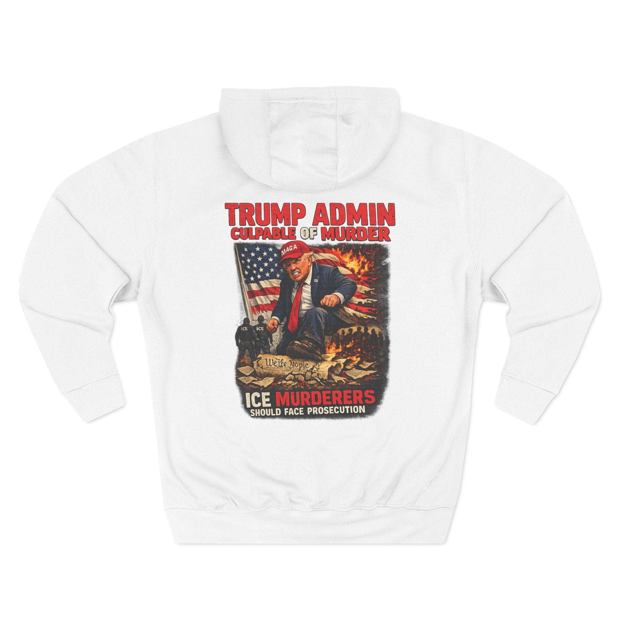 Justice & Accountability Emblem Hoodie – Scales of Justice Front with “Trump Admin Culpable of Murder” Protest Back Print
