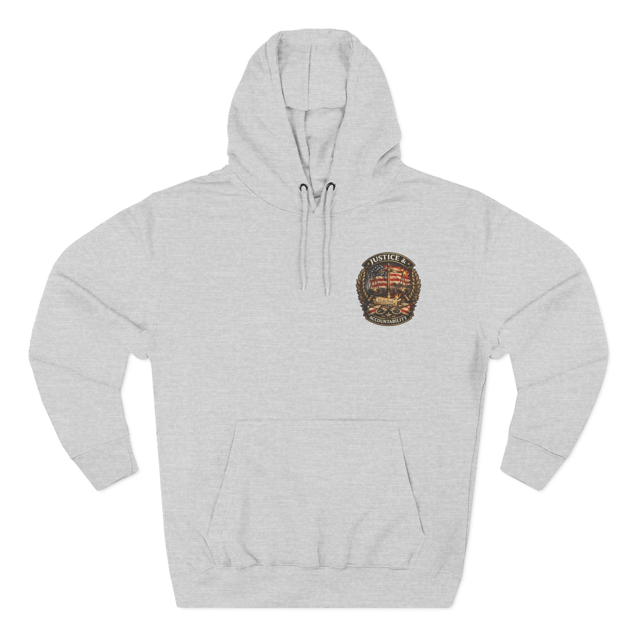 Justice & Accountability Emblem Hoodie – Scales of Justice Front with “Trump Admin Culpable of Murder” Protest Back Print