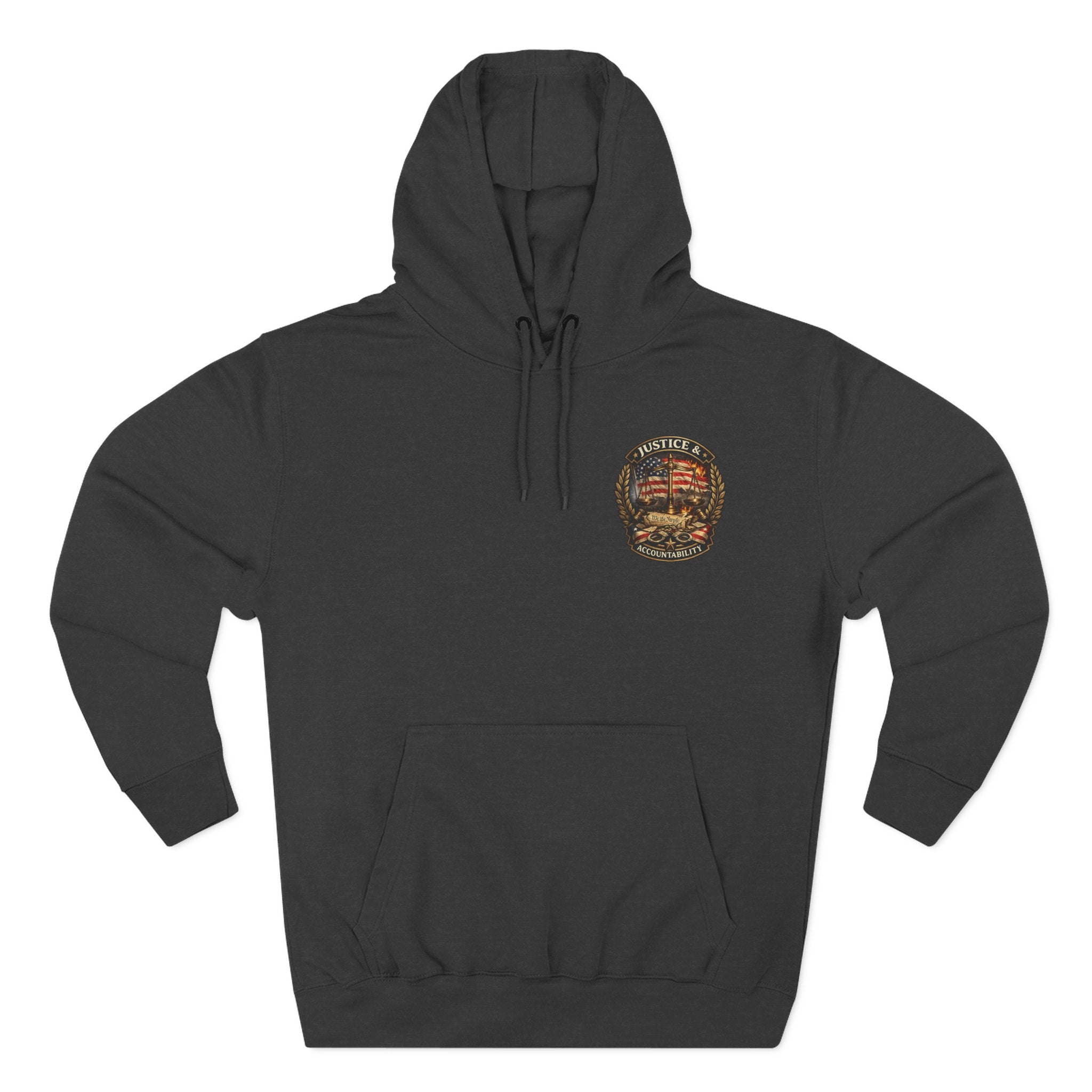 Justice & Accountability Emblem Hoodie – Scales of Justice Front with “Trump Admin Culpable of Murder” Protest Back Print